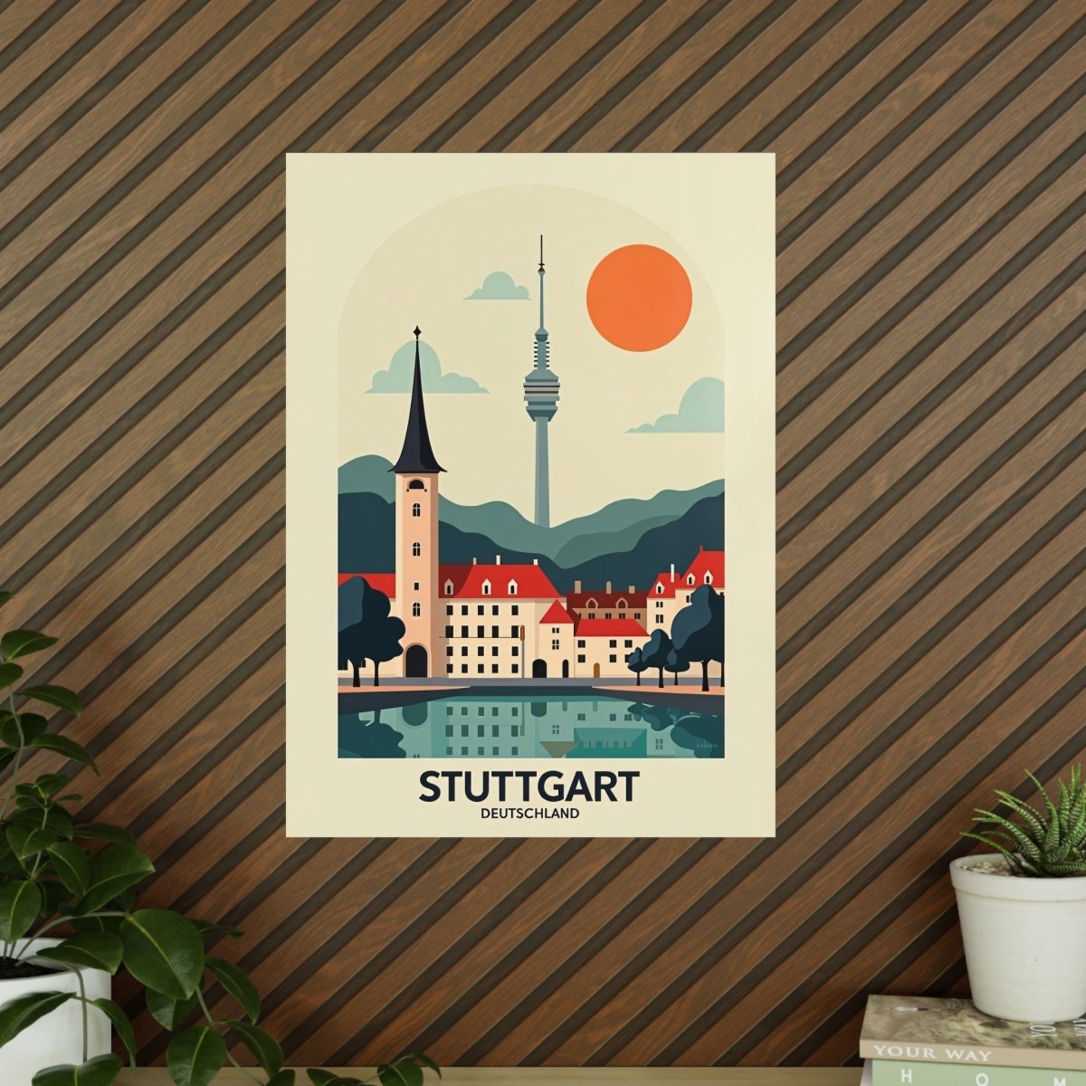 Stuttgart Reiseposter: Moderne Skyline im Retro - Stil auf Premium - Fotopapier - Poster bei HappyHugPixels