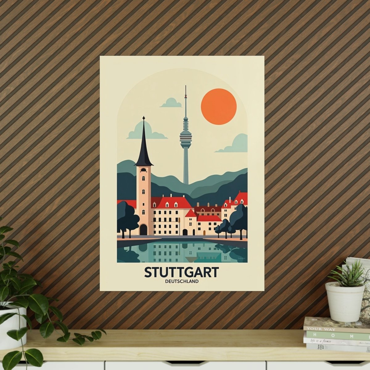 Stuttgart Reiseposter: Moderne Skyline im Retro - Stil auf Premium - Fotopapier - Poster bei HappyHugPixels