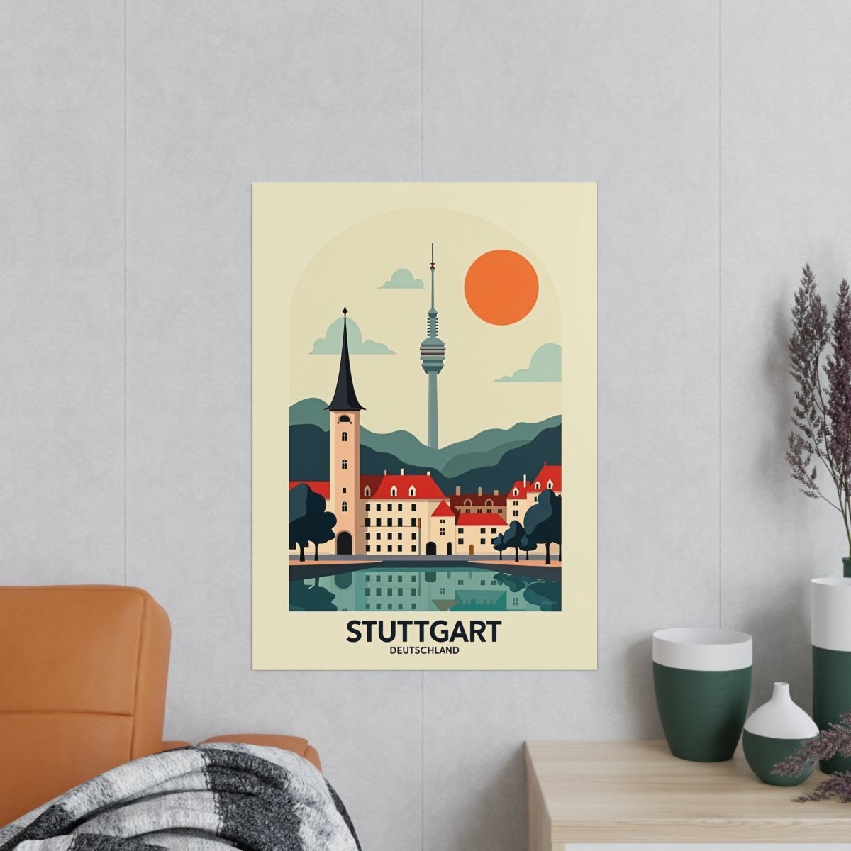 Stuttgart Reiseposter: Moderne Skyline im Retro - Stil auf Premium - Fotopapier - Poster bei HappyHugPixels