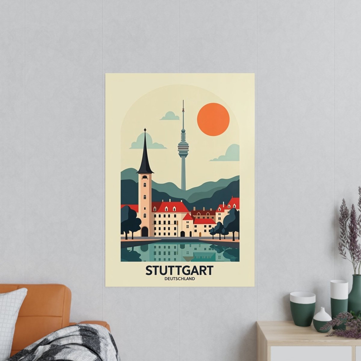 Stuttgart Reiseposter: Moderne Skyline im Retro - Stil auf Premium - Fotopapier - Poster bei HappyHugPixels