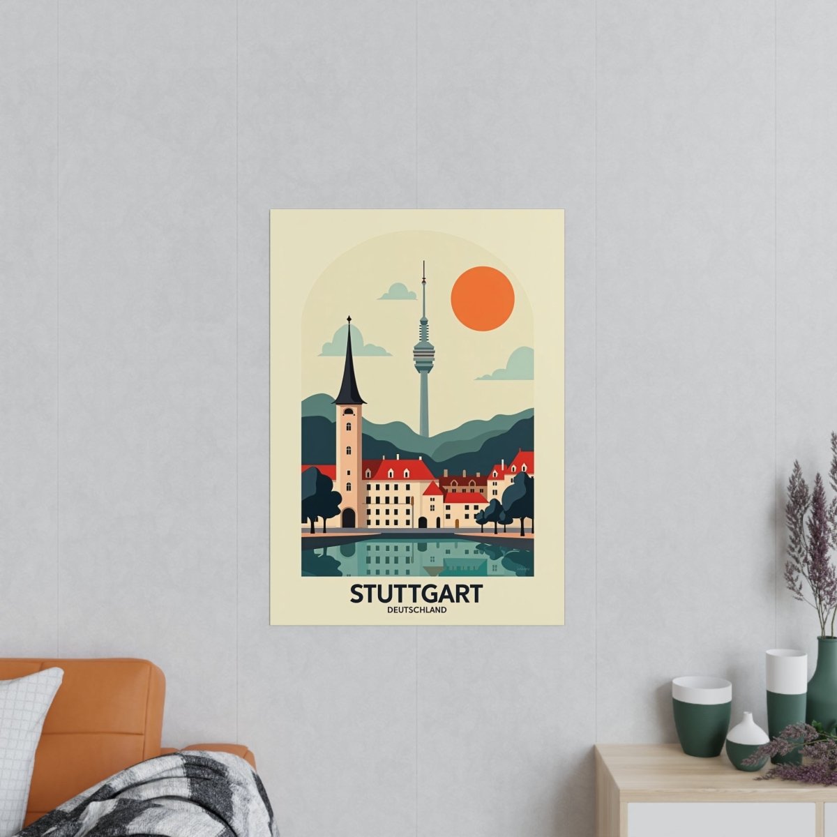 Stuttgart Reiseposter: Moderne Skyline im Retro - Stil auf Premium - Fotopapier - Poster bei HappyHugPixels