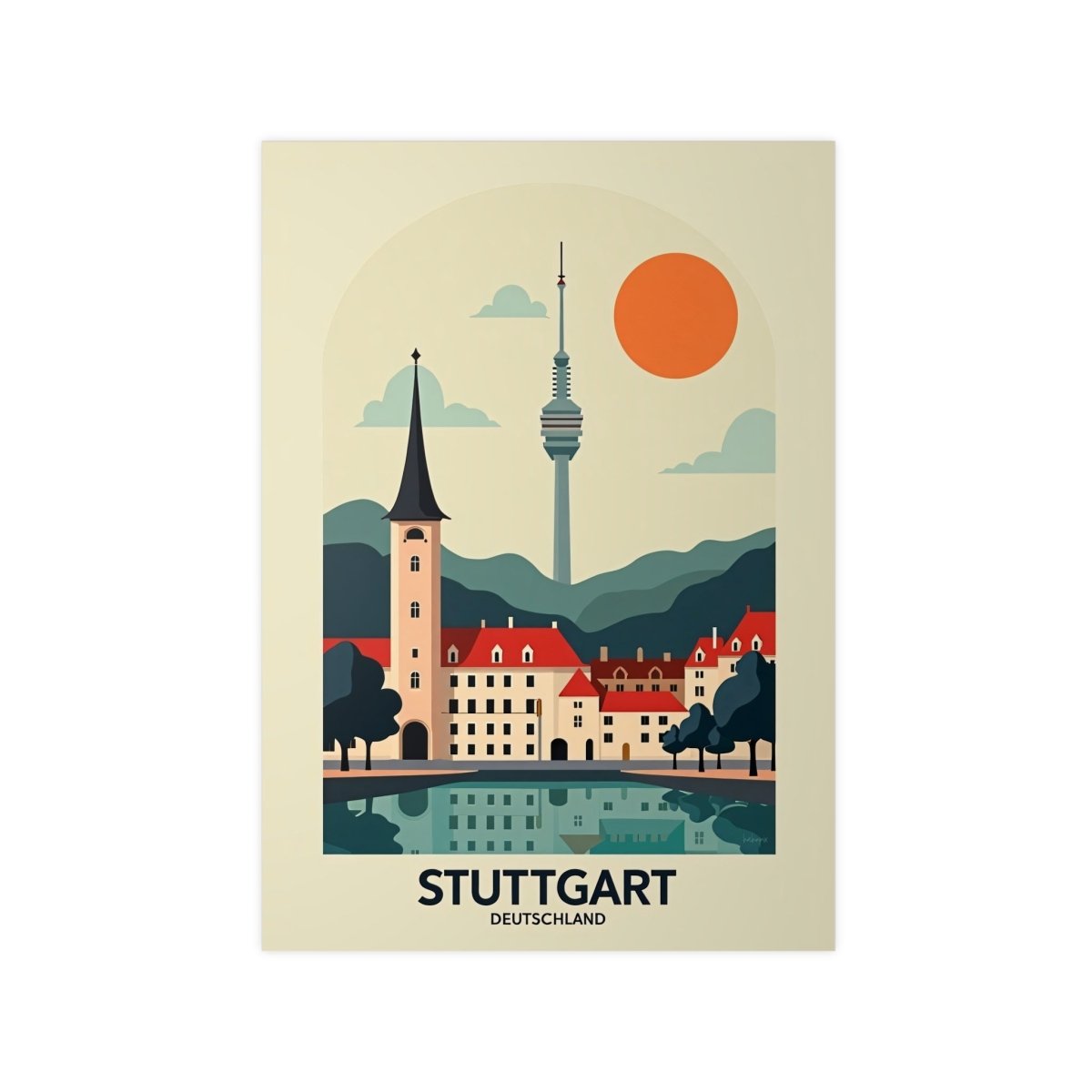 Stuttgart Reiseposter: Moderne Skyline im Retro - Stil auf Premium - Fotopapier - Poster bei HappyHugPixels