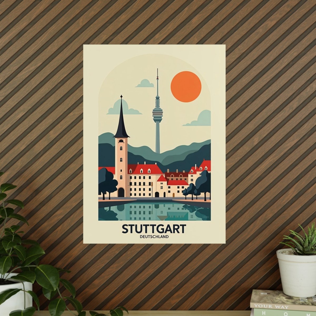 Stuttgart Reiseposter: Moderne Skyline im Retro - Stil auf Premium - Fotopapier - Poster bei HappyHugPixels