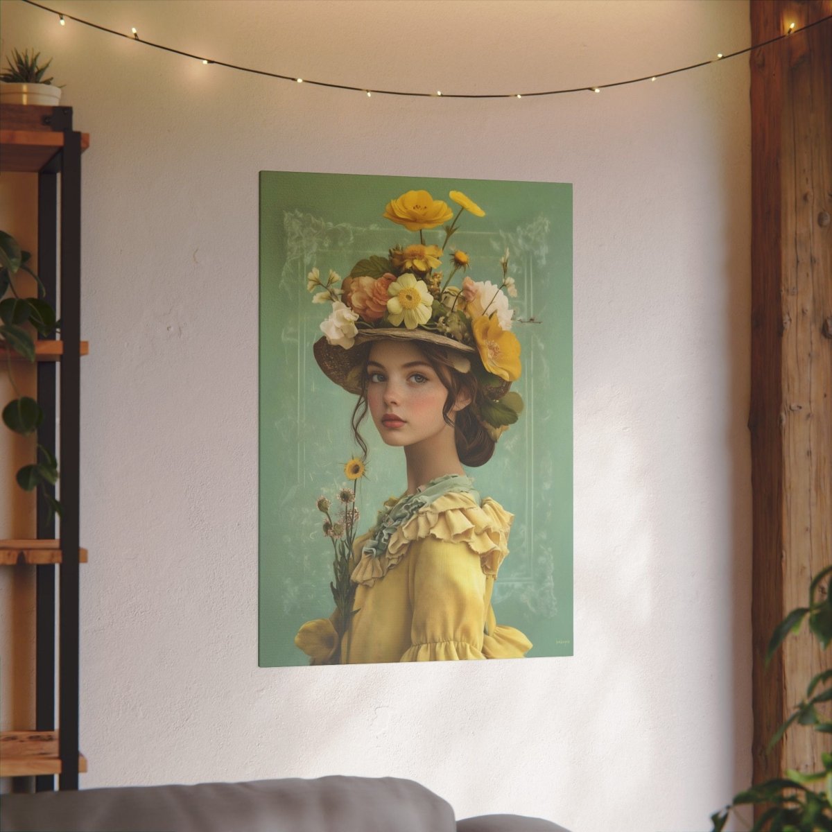 Vintage Blumenmädchen Leinwandbild: Romantisches Porträt in Gelb - Canvas bei HappyHugPixels