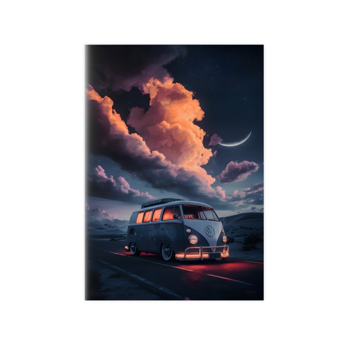 VW Bulli Retroposter – Mondschein und Sterne - Poster bei HappyHugPixels