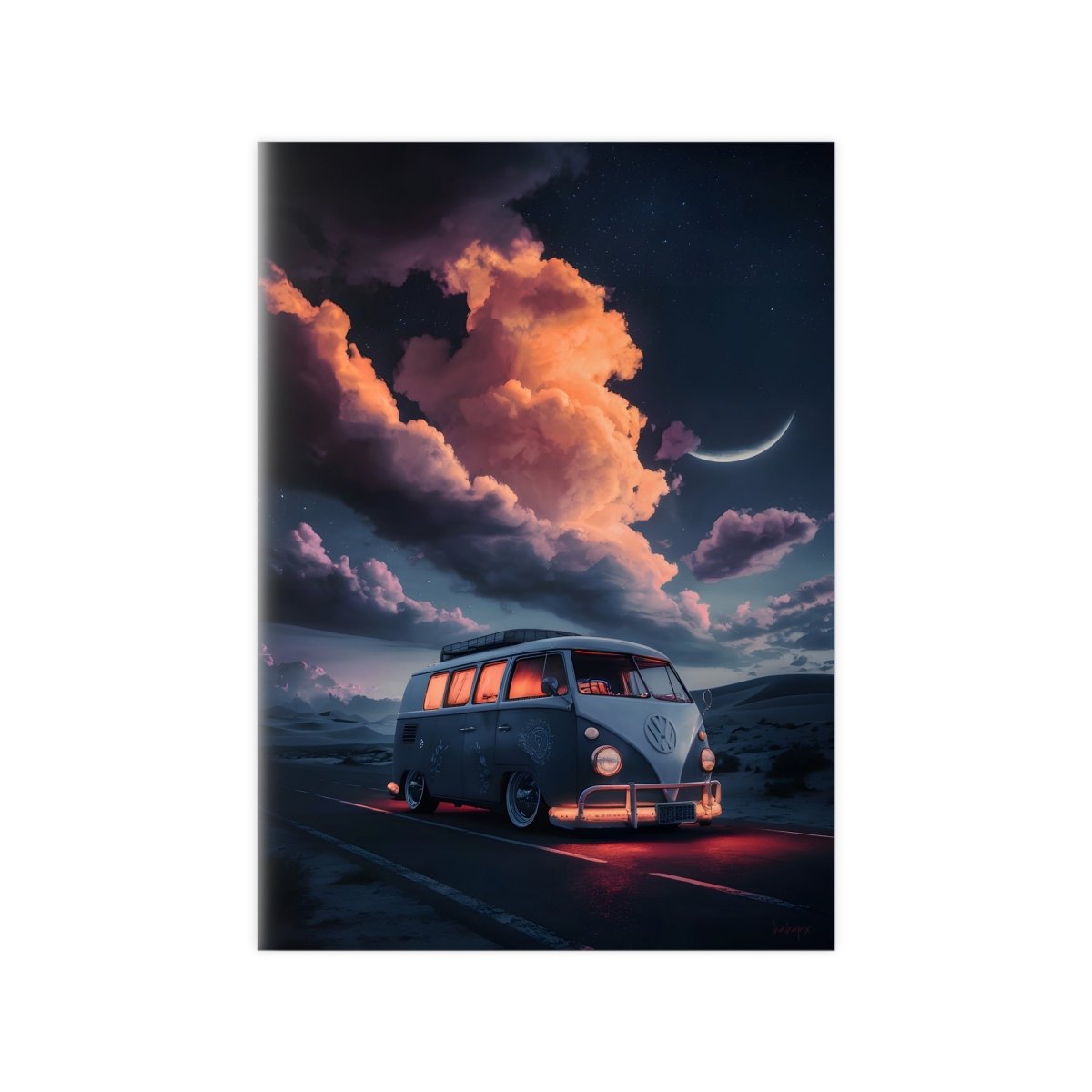 VW Bulli Retroposter – Mondschein und Sterne - Poster bei HappyHugPixels