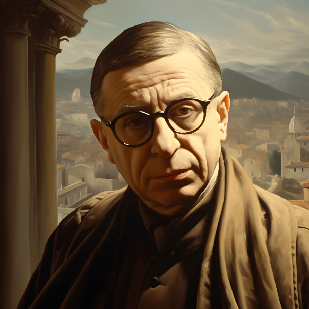 Jean - Paul Sartre Portrait Leinwand - Renaissance KI Bild - Prints bei HappyHugPixels