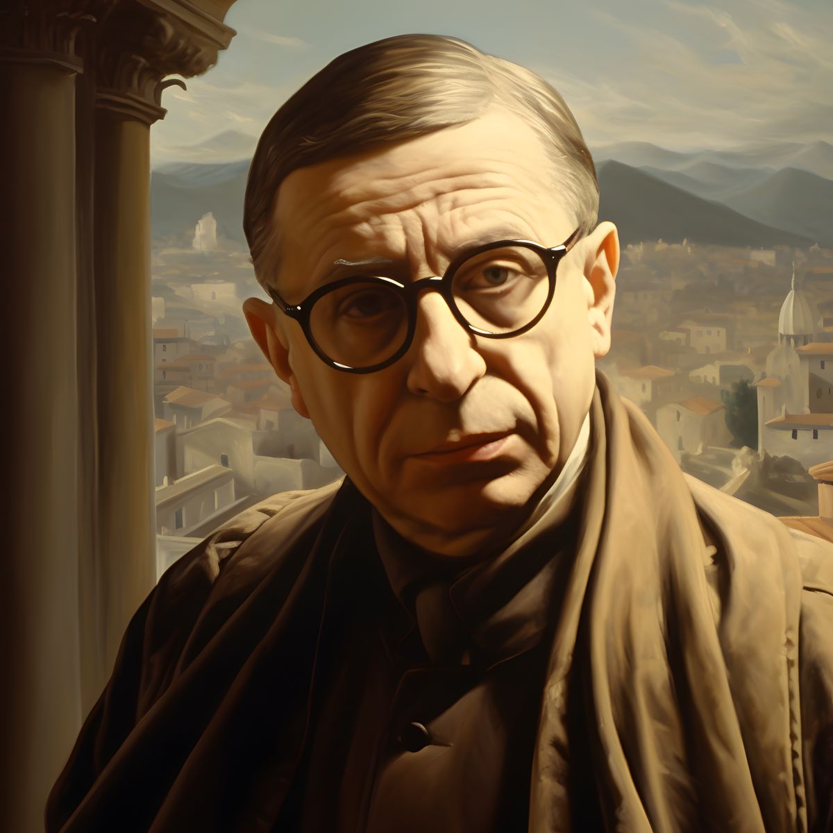 Jean - Paul Sartre Portrait Leinwand - Renaissance KI Bild - Prints bei HappyHugPixels