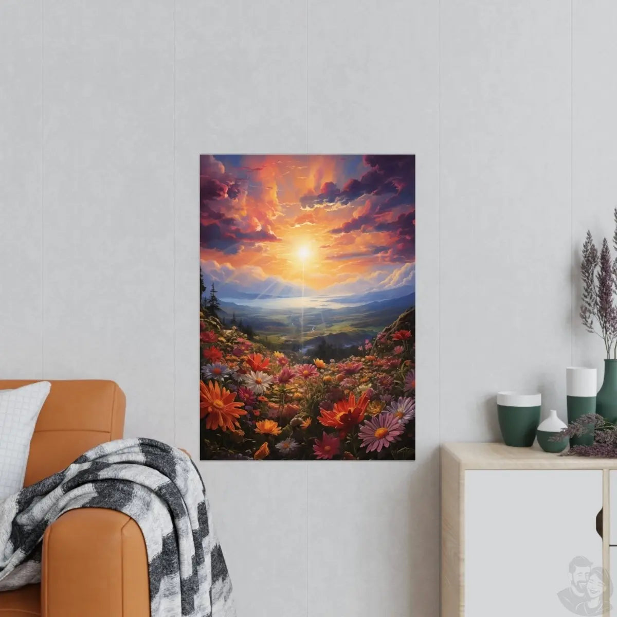 Blumenwiese Sonnenuntergang – Kunstposter (vertikal) - Poster bei HappyHugPixels