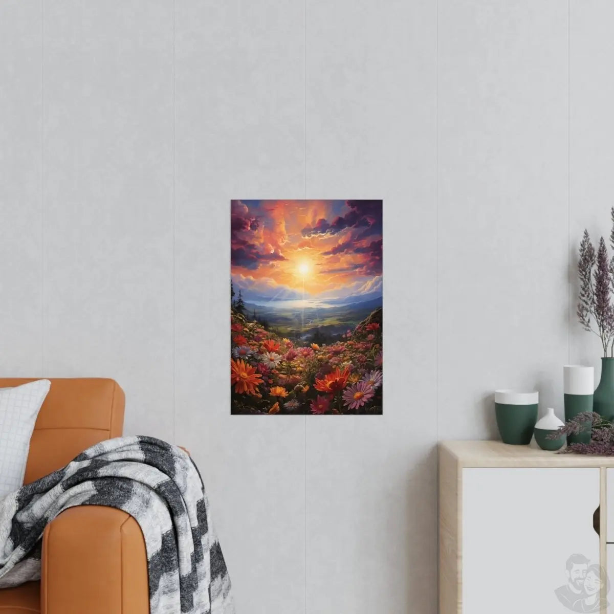 Blumenwiese Sonnenuntergang – Kunstposter (vertikal) - Poster bei HappyHugPixels