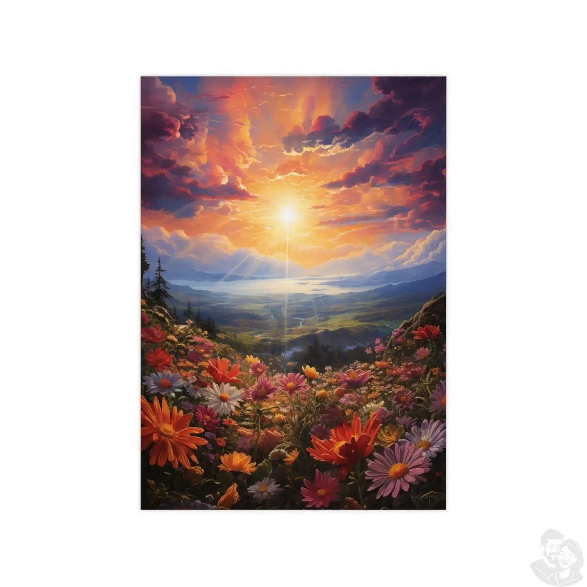 Blumenwiese Sonnenuntergang – Kunstposter (vertikal) - Poster bei HappyHugPixels