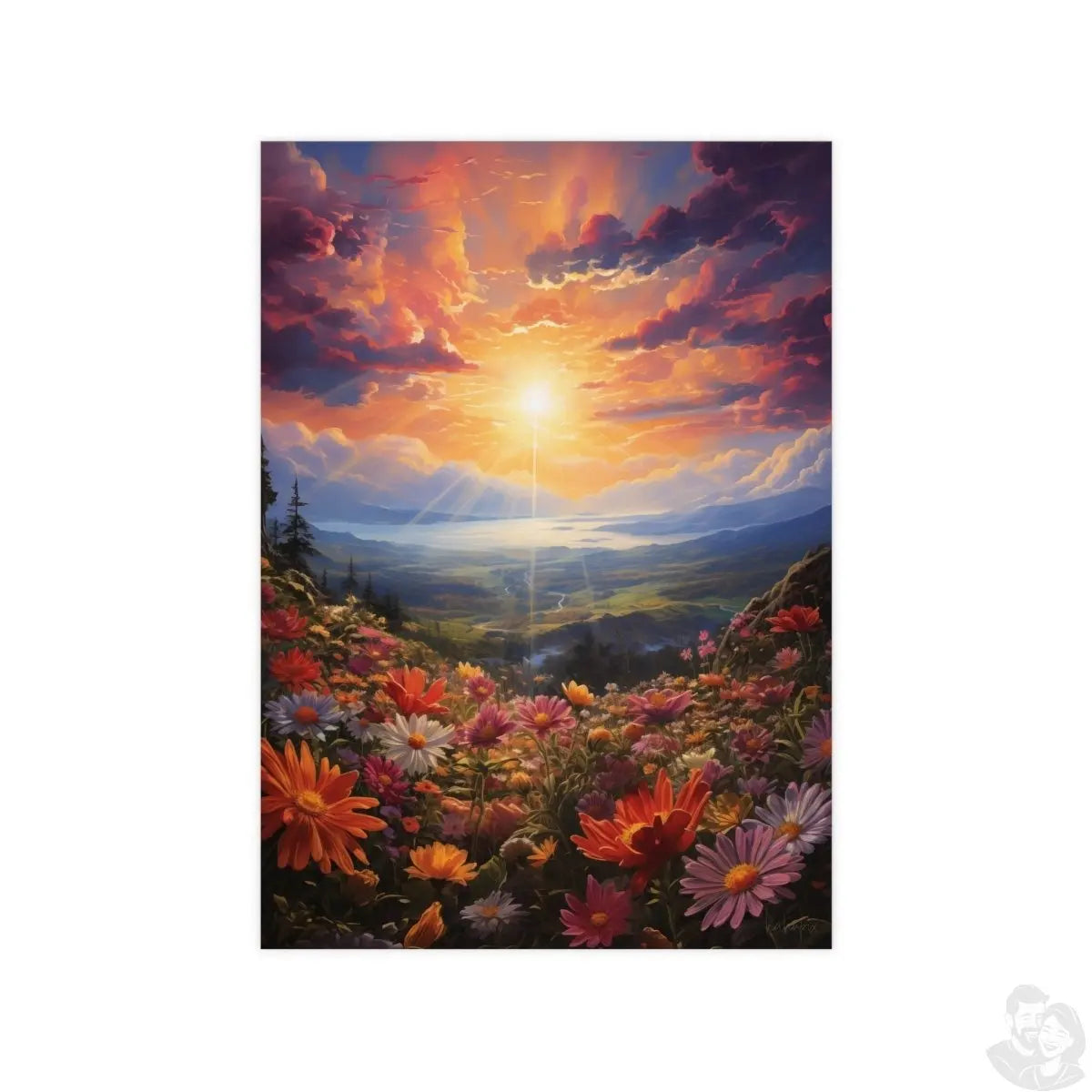 Blumenwiese Sonnenuntergang – Kunstposter (vertikal) - Poster bei HappyHugPixels