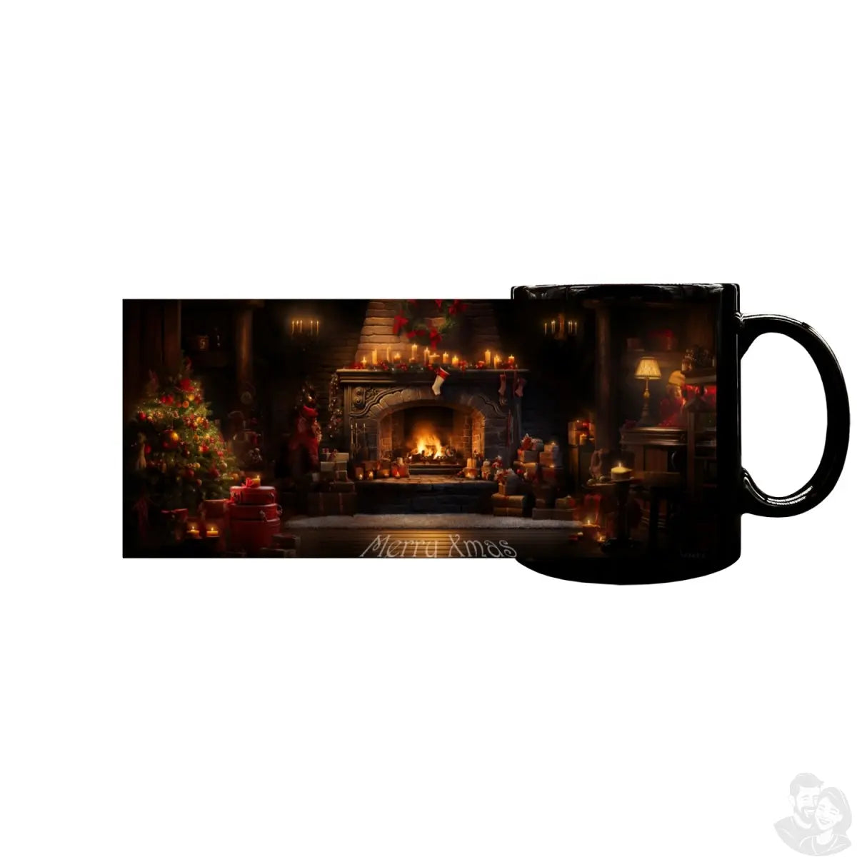 Schwarze Festliche Kamin - Keramiktasse mit Weihnachtsmotiv - 330ml - bei HappyHugPixels