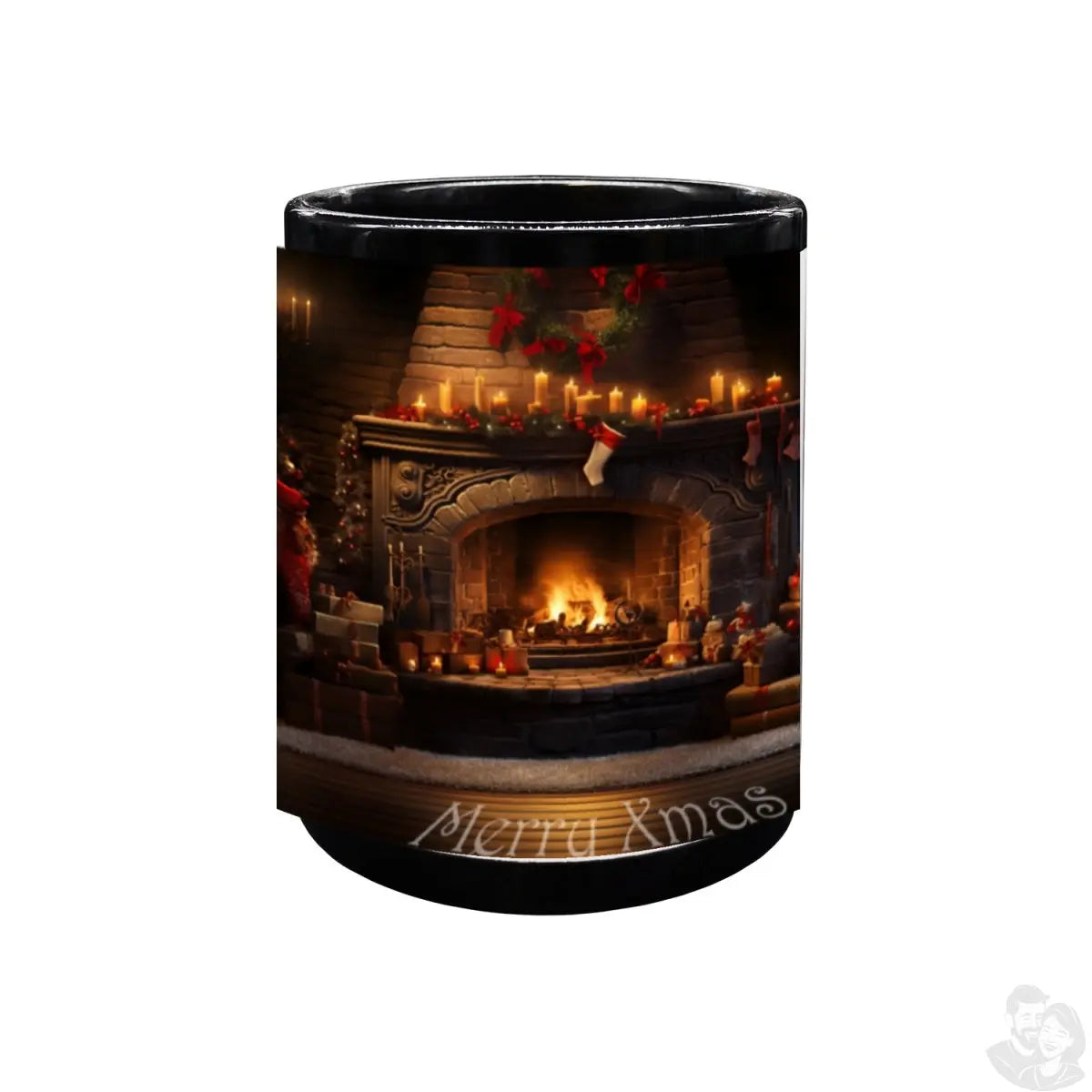 Schwarze Festliche Kamin - Keramiktasse mit Weihnachtsmotiv - 330ml - bei HappyHugPixels