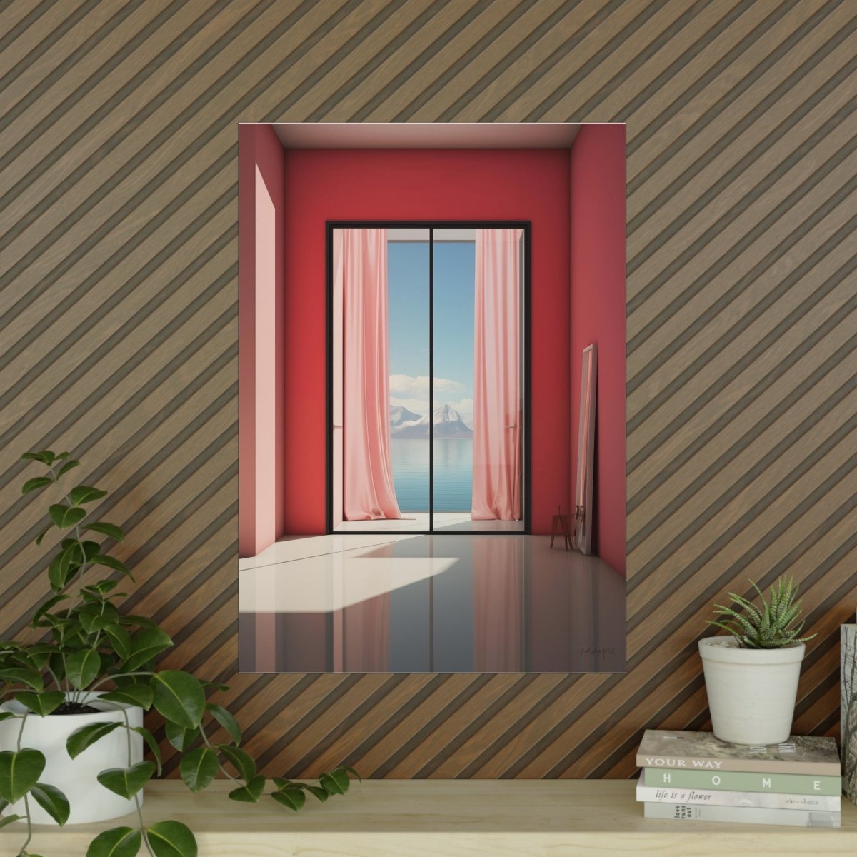 Ausblick in Scharlach Poster - Elegantes Fensterblick - Kunstposter - Poster bei HappyHugPixels