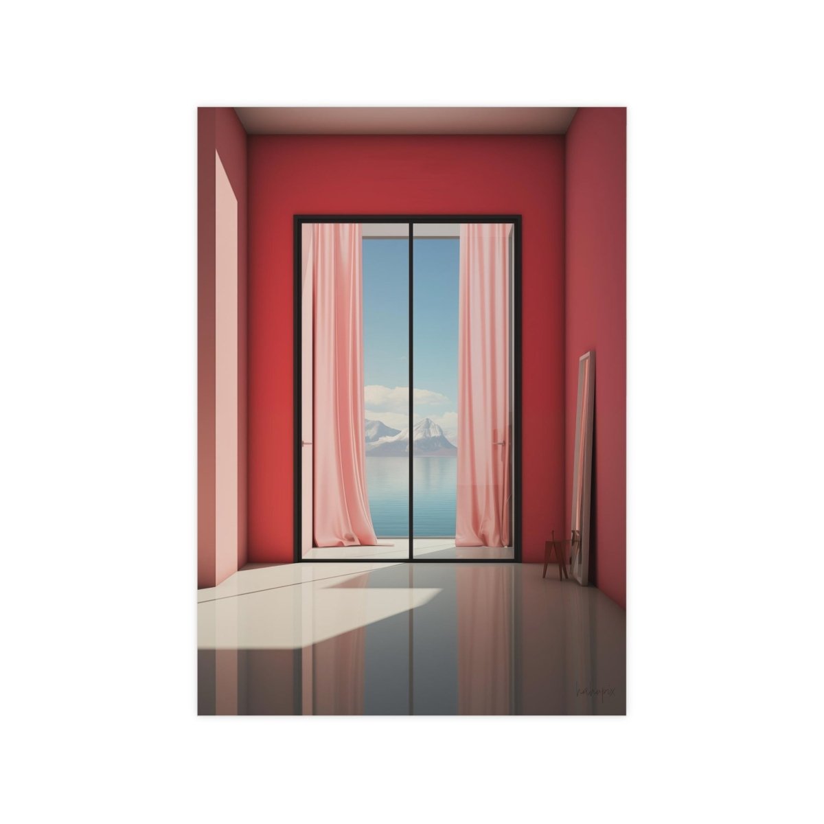 Ausblick in Scharlach Poster - Elegantes Fensterblick - Kunstposter - Poster bei HappyHugPixels