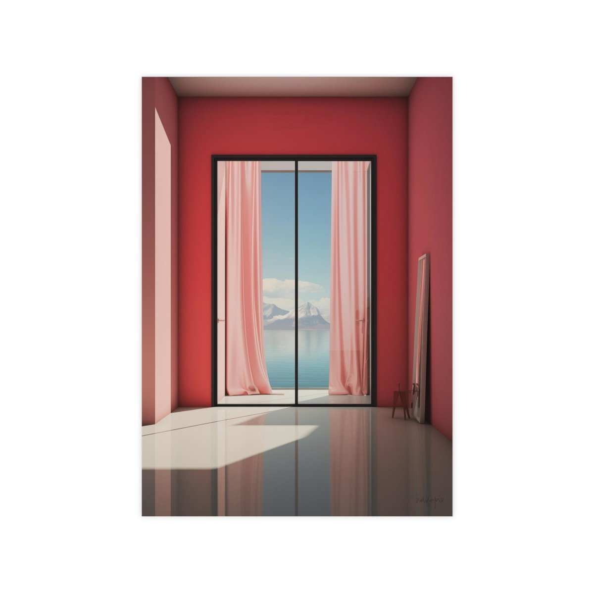 Ausblick in Scharlach Poster - Elegantes Fensterblick - Kunstposter - Poster bei HappyHugPixels