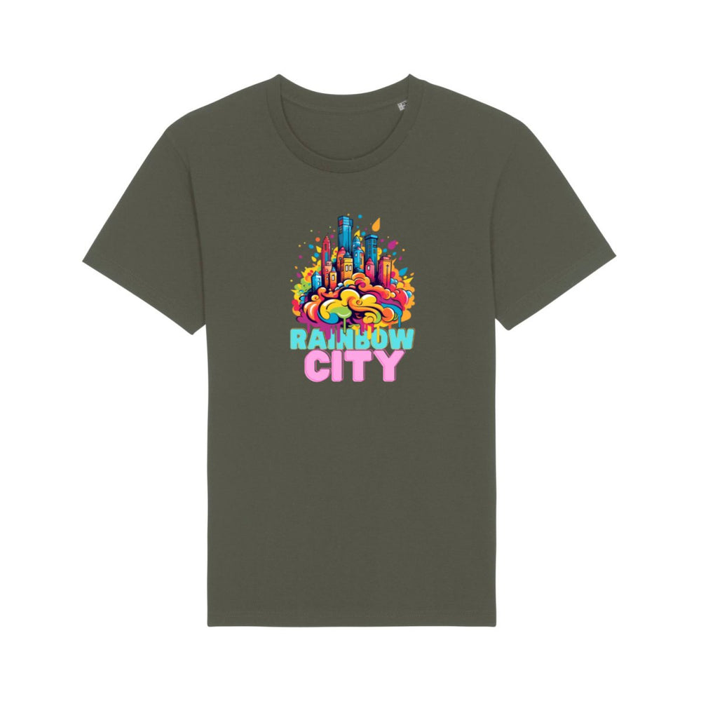 Farbenfrohes 'Rainbow City' Stanley&Stella Rocker STTU758 T-Shirt - Stilvolle Urban-Mode trifft auf Naturliebhaber - HappyHugPixels