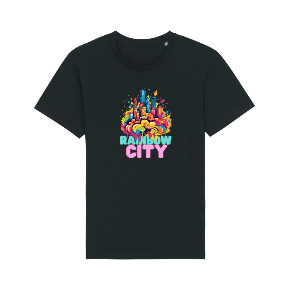 Farbenfrohes 'Rainbow City' Stanley&Stella Rocker STTU758 T-Shirt - Stilvolle Urban-Mode trifft auf Naturliebhaber - HappyHugPixels