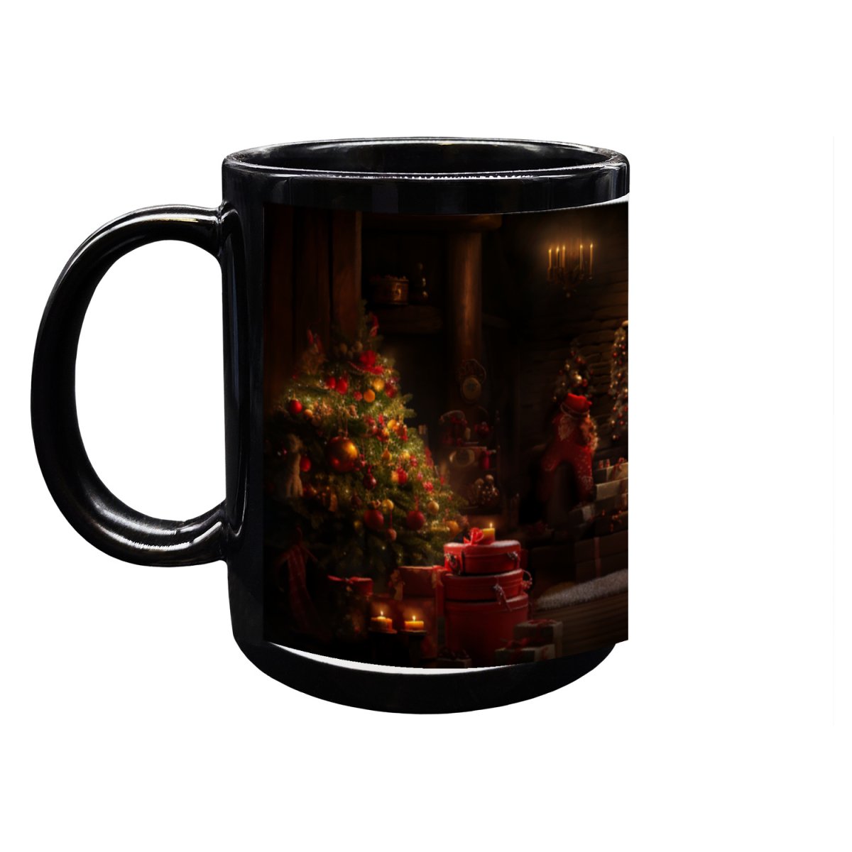 Schwarze Festliche Kamin - Keramiktasse mit Weihnachtsmotiv - 330ml - bei HappyHugPixels