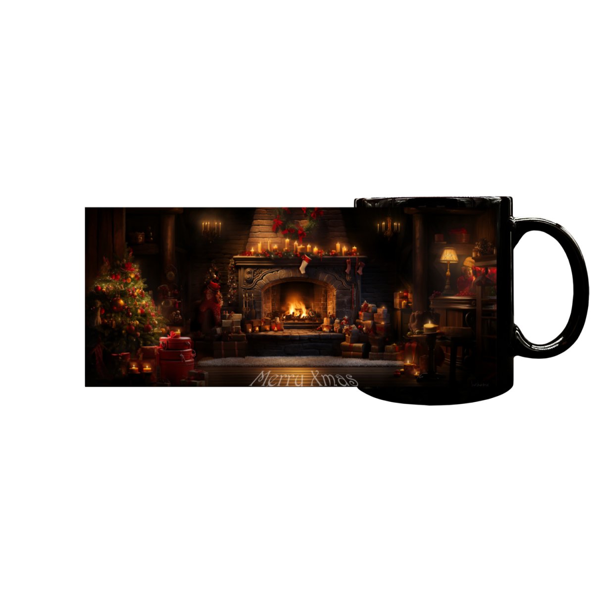 Schwarze Festliche Kamin - Keramiktasse mit Weihnachtsmotiv - 330ml - bei HappyHugPixels