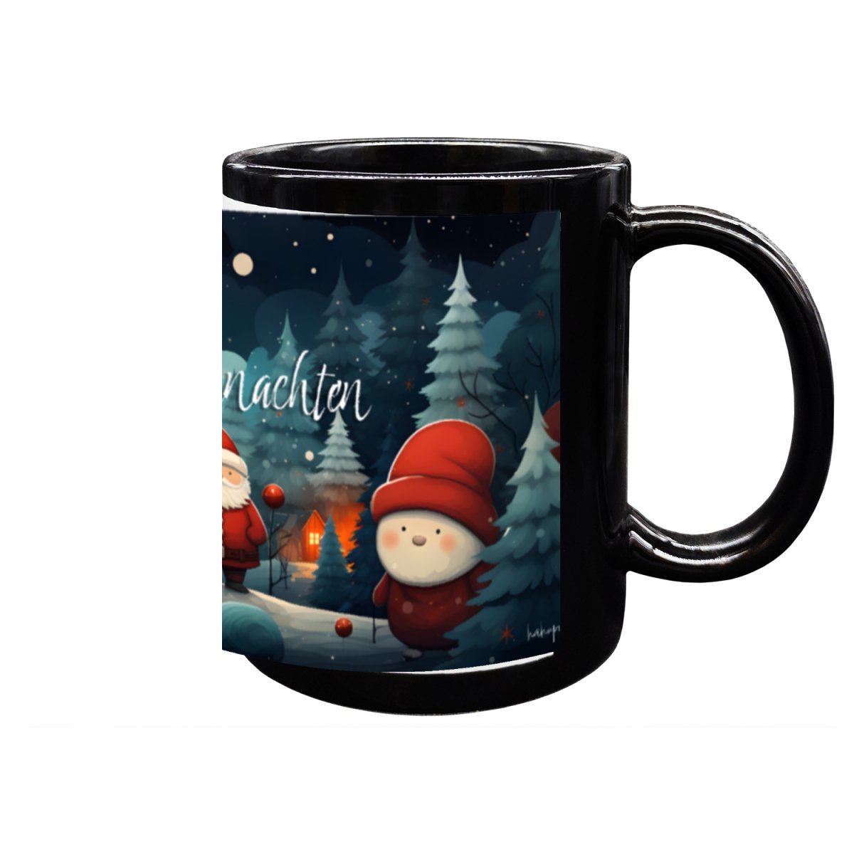 Schwarze Weihnachtstasse mit Waldmotiv - 330ml, Exklusives Design - bei HappyHugPixels