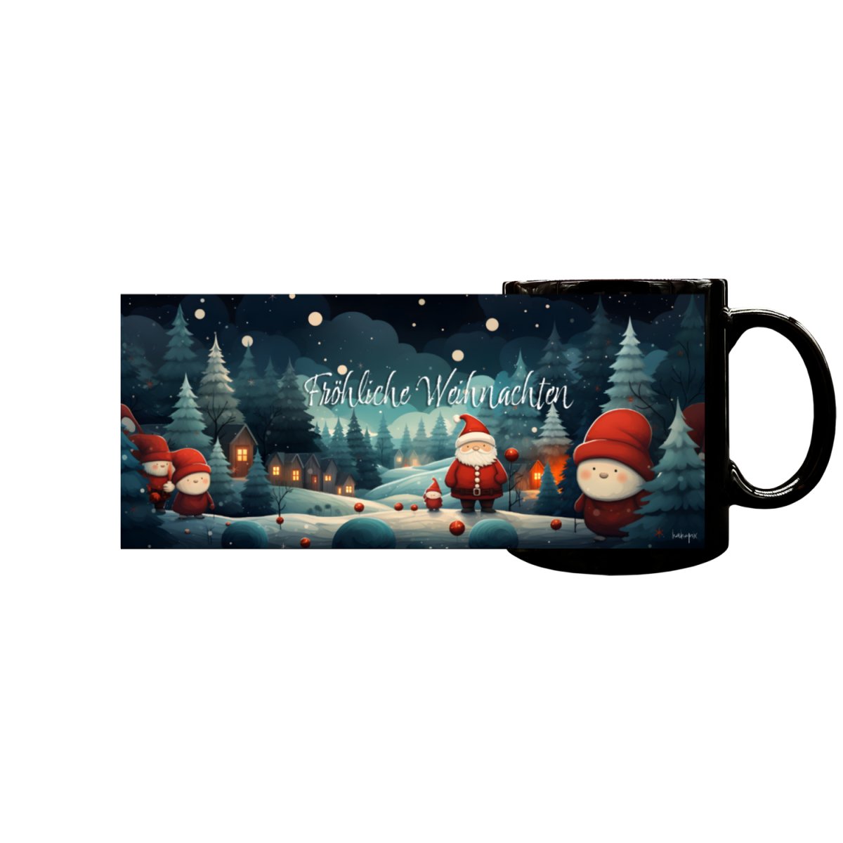 Schwarze Weihnachtstasse mit Waldmotiv - 330ml, Exklusives Design - bei HappyHugPixels