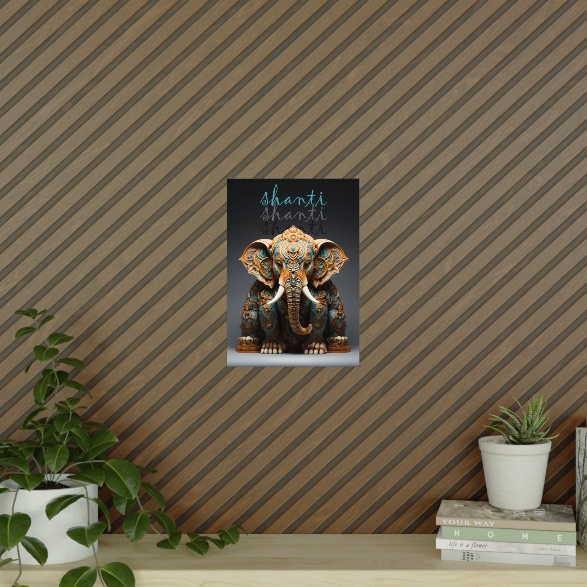 Shanti Elefant Poster in Leuchtendem Blau & Bronze - Matt Papier - Poster bei HappyHugPixels