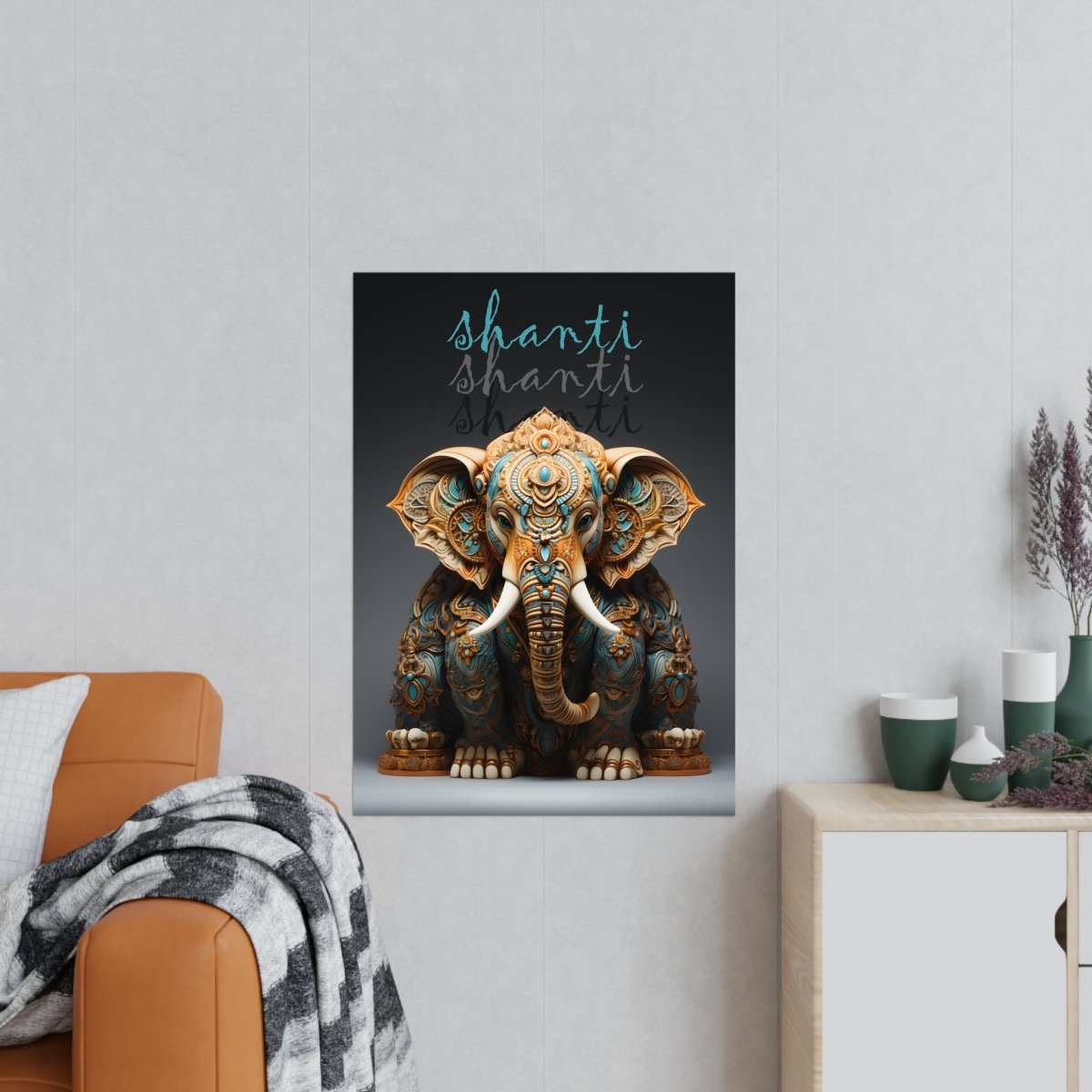 Shanti Elefant Poster in Leuchtendem Blau & Bronze - Matt Papier - Poster bei HappyHugPixels