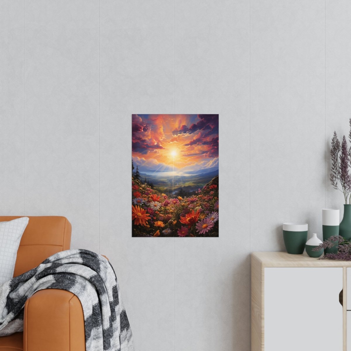 Blumenwiese Sonnenuntergang – Kunstposter (vertikal) - Poster bei HappyHugPixels