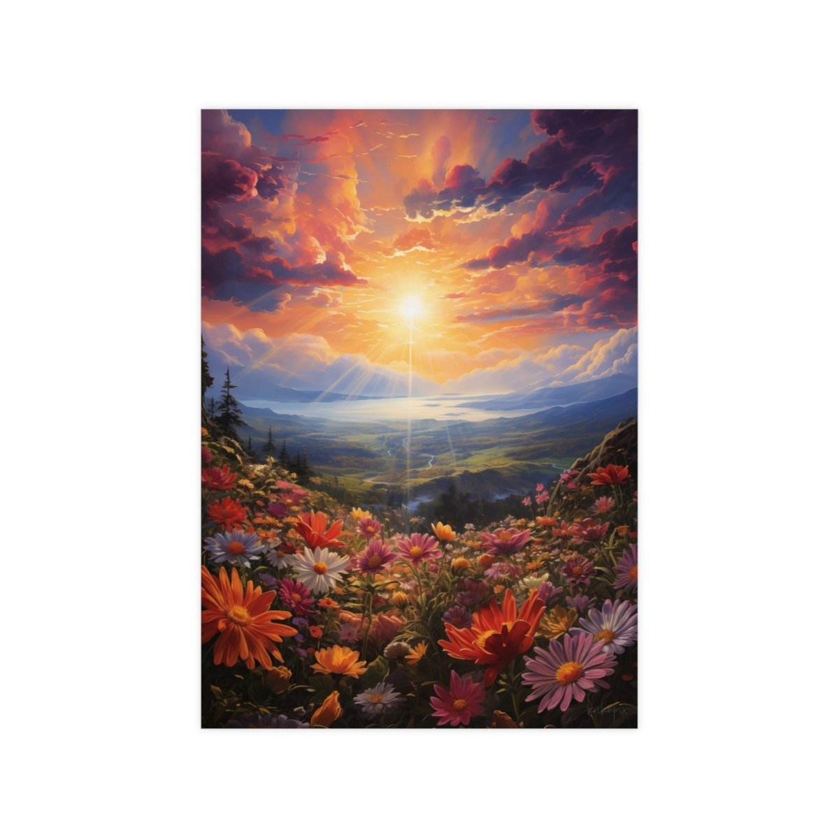 Blumenwiese Sonnenuntergang – Kunstposter (vertikal) - Poster bei HappyHugPixels