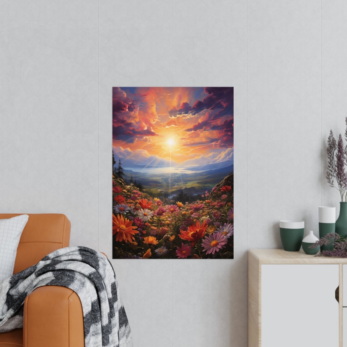 Blumenwiese Sonnenuntergang – Kunstposter (vertikal) - Poster bei HappyHugPixels