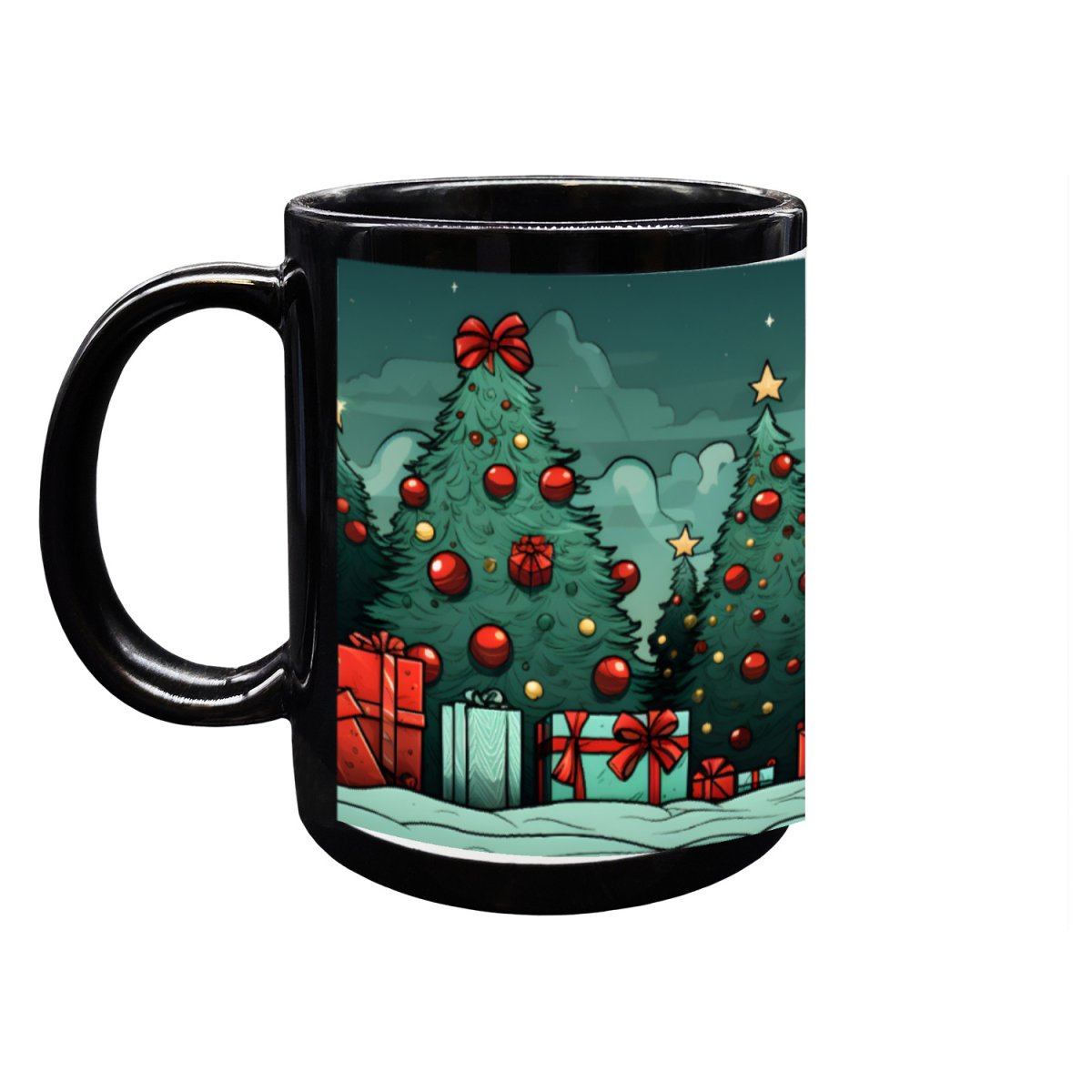 Weihnachtliche Waldlandschaft Schwarze Tasse – 330ml – Spülmaschinenfest - bei HappyHugPixels