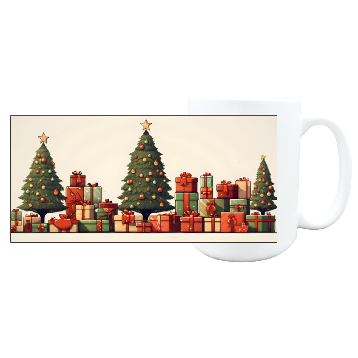 Weihnachtsbäume & Geschenke Große Weiße Tasse – 450ml – Hochglanz Design – Spülmaschinenfest - bei HappyHugPixels